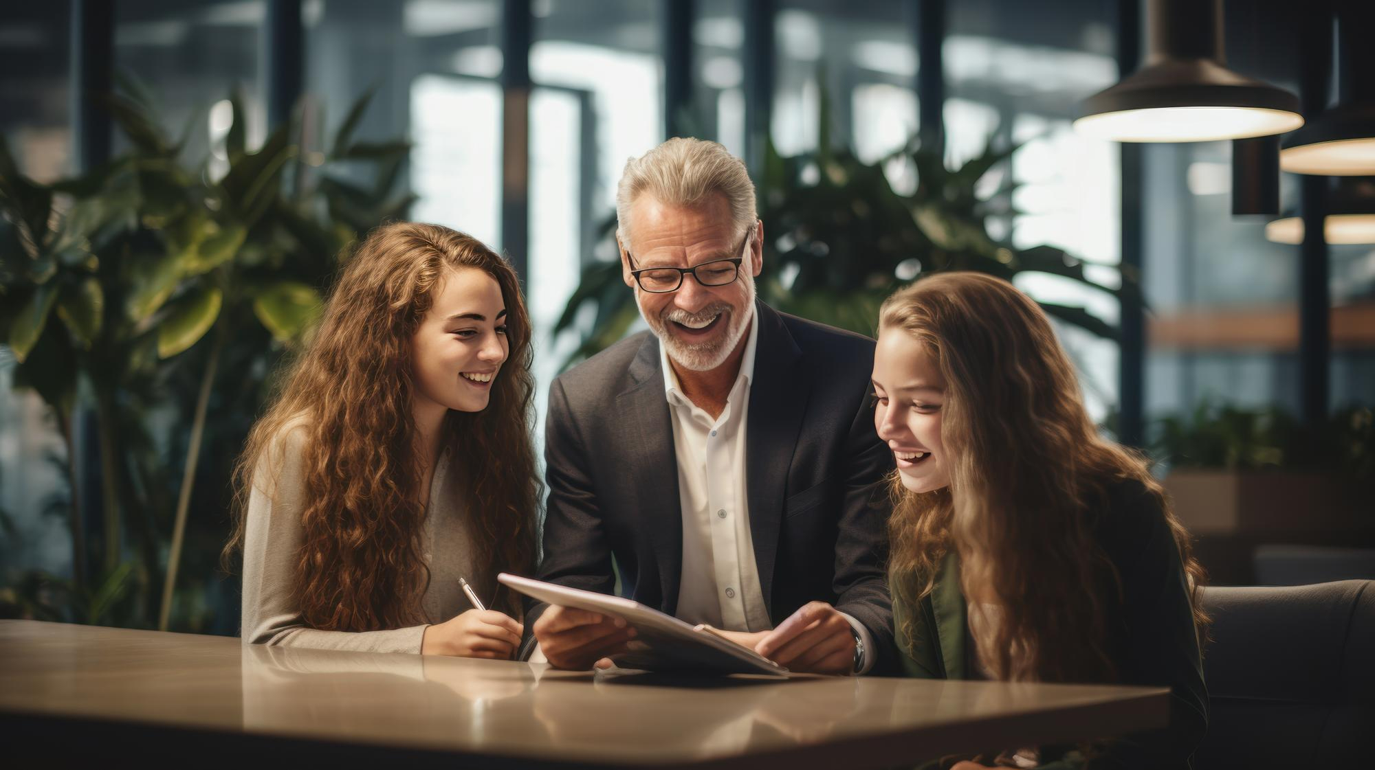 Financial advisor in a relaxed conversation with clients about their financial plan